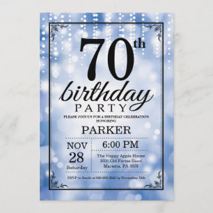 70th Birthday Invitation Blue Glitter