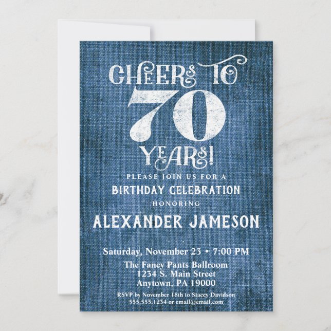 70th Birthday Invitation Blue Linen Rustic Cheers (Front)