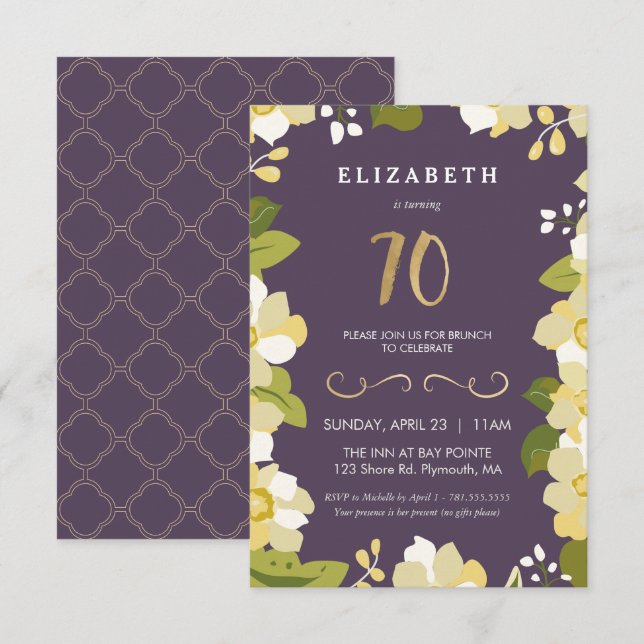 70th Birthday Invitation, Custom, Floral, Small Invitation (Front/Back)