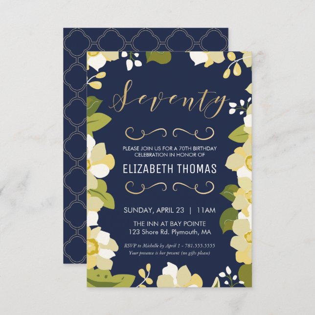 70th Birthday Invitation, Customise Floral w/ Gold Invitation (Front/Back)
