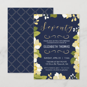 70th Birthday Invitation, Customise Floral w/ Gold Invitation