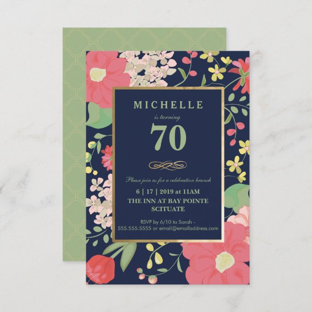 70th Birthday Invitation - Elegant Floral, Small (Front/Back)