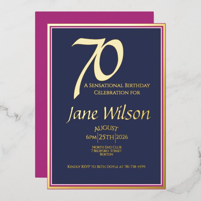 70th Birthday Invitation Elegant Pink, Navy &  (Front/Back)