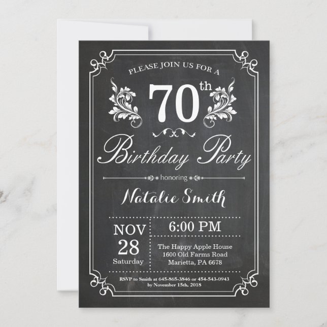 70th Birthday Invitation Floral Chalkboard (Front)