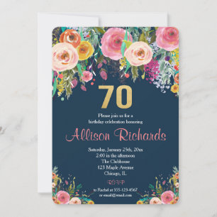 70th birthday invitation floral watercolor navy