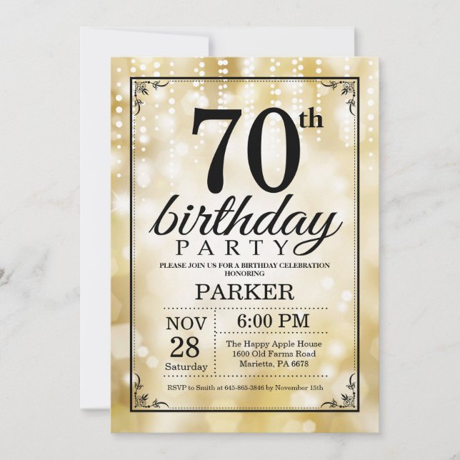70th Birthday Invitation Gold Glitter (Front)