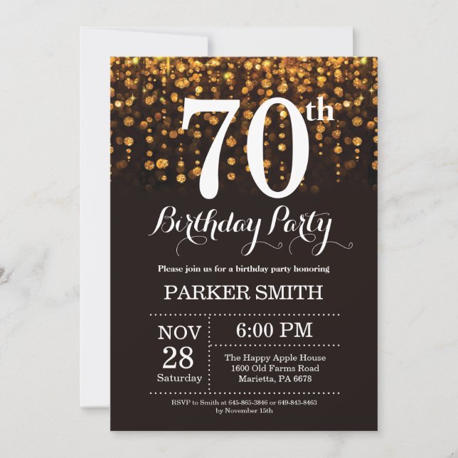 70th Birthday Invitation Gold Glitter (Front)
