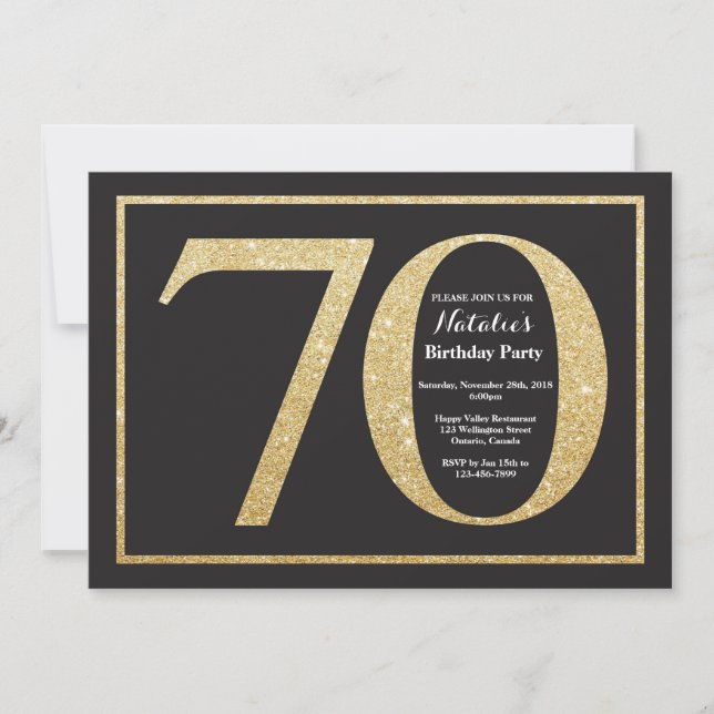 70th Birthday Invitation Gold Glitter Chalkboard (Front)