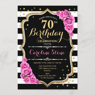 70th Birthday Invitation Pink Black White Stripes