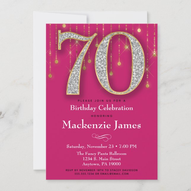 70th Birthday Invitation Pink Gold Diamonds Adult (Front)