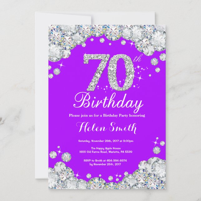 70th Birthday Invitation Purple and Silver Diamond (Front)