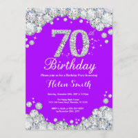 70th Birthday Invitation Purple and Silver Diamond