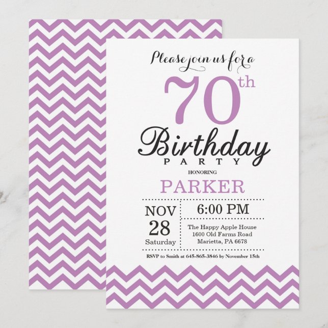 70th Birthday Invitation Purple Chevron (Front/Back)