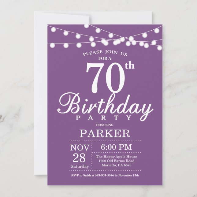70th Birthday Invitation Purple Lavender (Front)