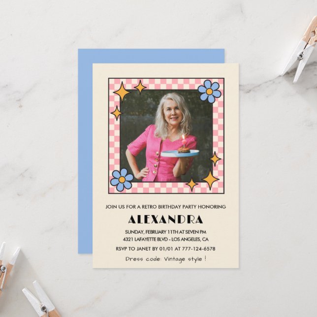70th birthday invitation Retro Groovy Blue Floral (Front/Back In Situ)