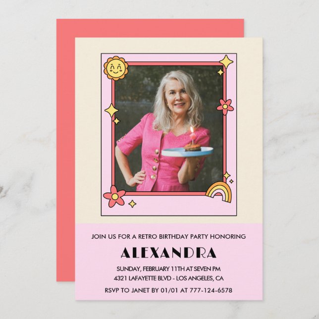 70th birthday invitation Retro Groovy Pink Floral (Front/Back)
