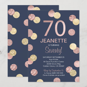 70th Birthday Invitation Rose Gold and Navy