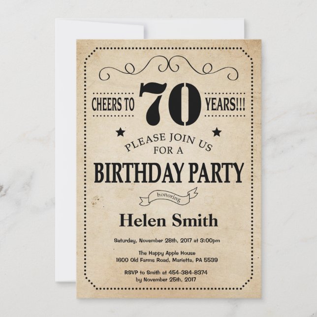 70th Birthday Invitation Rustic Vintage Retro (Front)