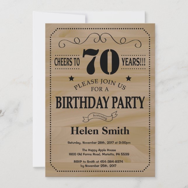 70th Birthday Invitation Rustic Wood (Front)
