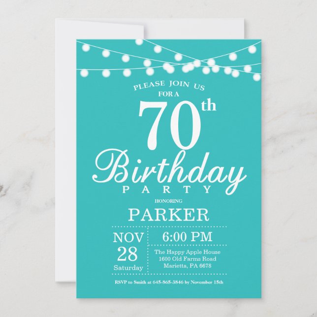 70th Birthday Invitation Teal Aqua Turquoise (Front)