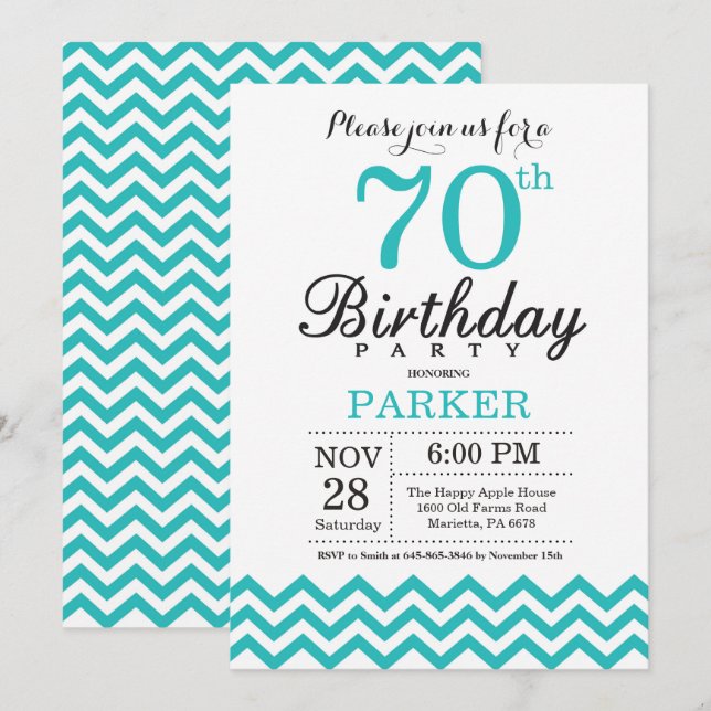 70th Birthday Invitation Teal Chevron (Front/Back)