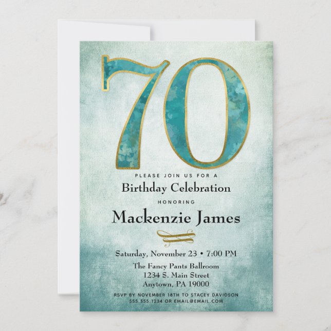 70th Birthday Invitation Turquoise Blue Gold Adult (Front)