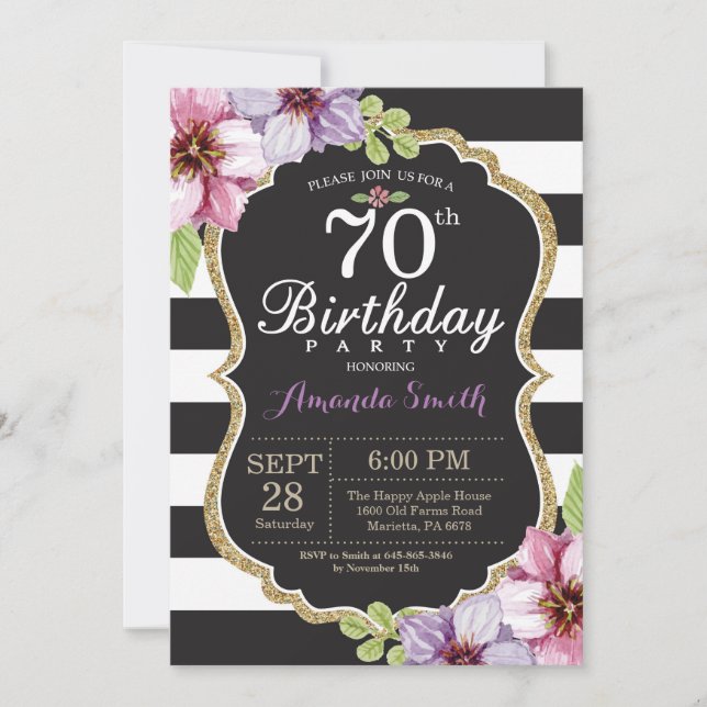 70th Birthday Invitation Women. Floral Gold Black (Front)