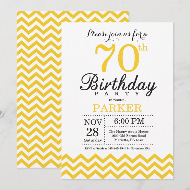 70th Birthday Invitation Yellow Chevron (Front/Back)