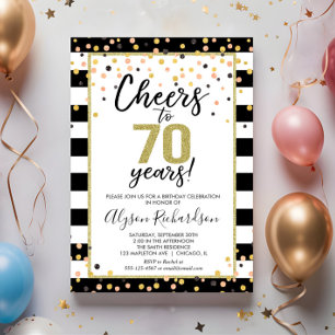 70th birthday invitations, black and gold cheers invitation