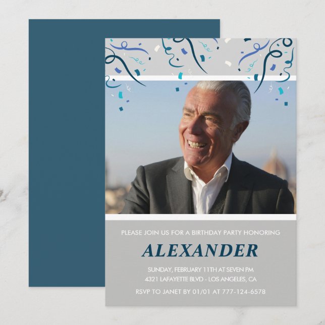 70th birthday invitations Men Confetti Photo Navy (Front/Back)