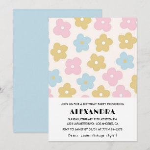 70th birthday invitations Retro Blue Pink Floral