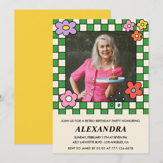 70th birthday invitations Retro Groovy Flowers (Front/Back)