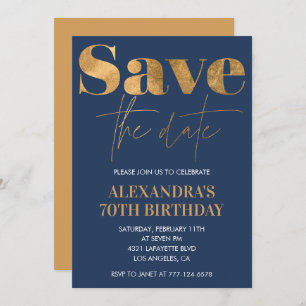 70th birthday invitations Save the date Gold Navy