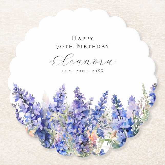 70th Birthday July Birth Flower Larkspur Custom Paper Coaster (Front)