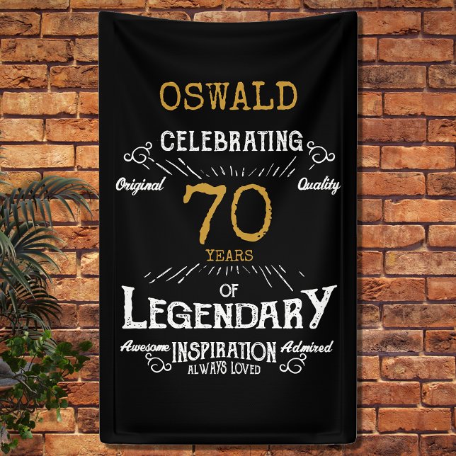 70th Birthday Legendary Black Gold Retro Banner (A personalized 70th birthday classic party banner for that special birthday turning 70)