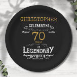 70th Birthday Legendary Black Gold Retro Paper Plate<br><div class="desc">For those celebrating their 70th birthday we have the ideal birthday party plates with a vintage feel. The black background with a white and gold vintage typography design design is simple and yet elegant with a retro feel. Easily customise the text of this birthday plate using the template provided. Part...</div>