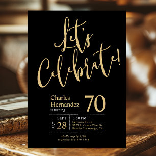 70th Birthday Let's Celebrate Black Gold Photo Invitation