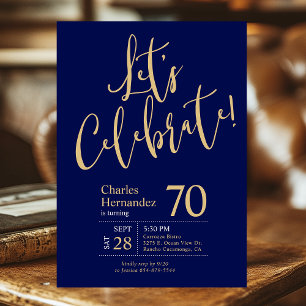 70th Birthday Let's Celebrate Navy Blue Gold Photo Invitation