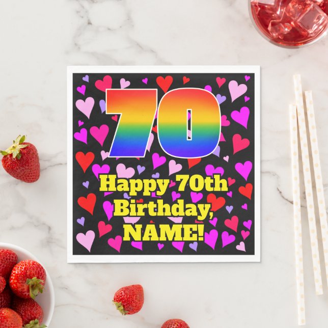 70th Birthday: Loving Hearts Pattern, Rainbow # 70 Napkin (Insitu)