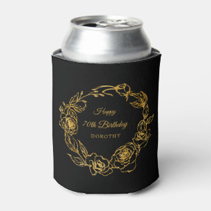 70th Birthday Luxe Gold Rose Personalised Black Can Cooler