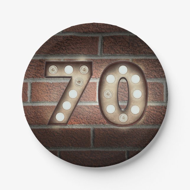 70th birthday marquee sign on brick wall paper plate (Front)