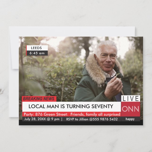 70th Birthday Men's 🎉 Funny TV News Fake Media Invitation (Front)