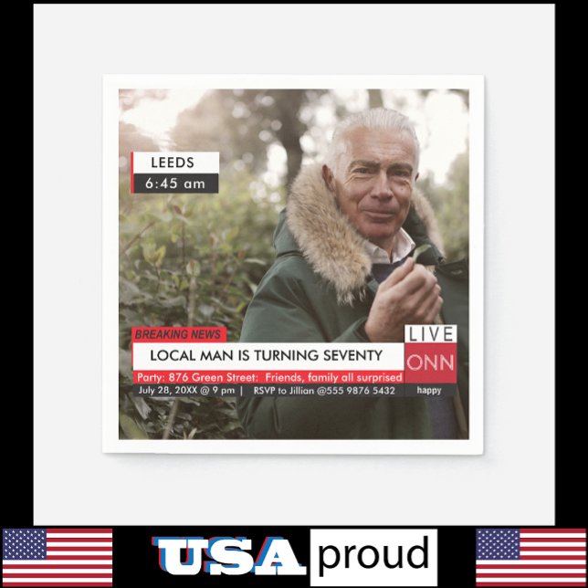 70th Birthday Men's 🎉 Funny TV News Fake Media Napkin (Creator Uploaded)