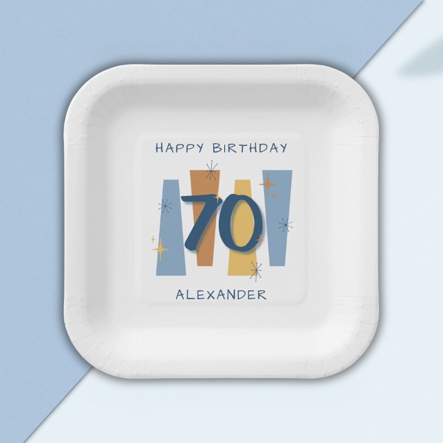  70th Birthday Midcentury Modern Retro Blue Paper Plate (Creator Uploaded)