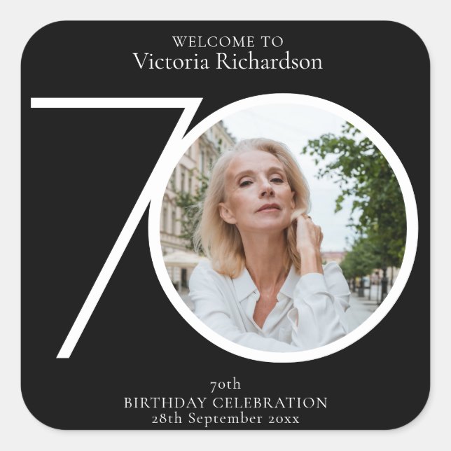 70th Birthday Minimalist Black Typography Photo  Square Sticker (Front)