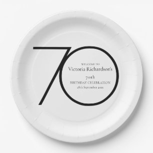 70th Birthday Minimalist Black White Chic Custom Paper Plate