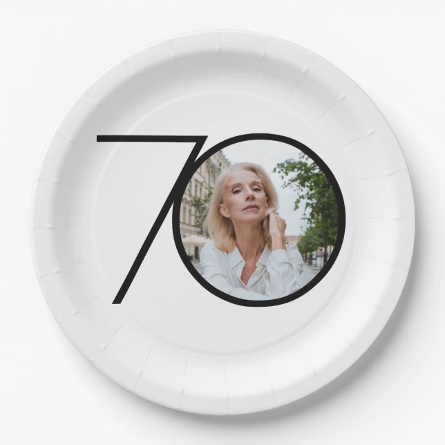 70th Birthday Minimalist Black White Custom Photo  Paper Plate (Front)