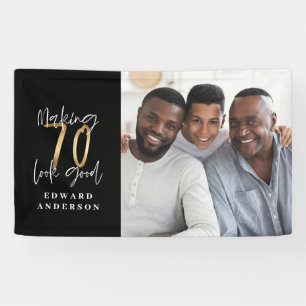 70th birthday modern black and gold photo collage banner