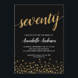 70th Birthday Modern Black Gold Confetti Script Invitation<br><div class="desc">Modern Black Gold Confetti Dots Script 70th Birthday Invitation
The design features 'seventy' in a modern elegant script and gold confetti dots accent.
If you would like to customise the text 'seventy' to another age,  feel free to email us at panggadesigns@gmail.com.</div>