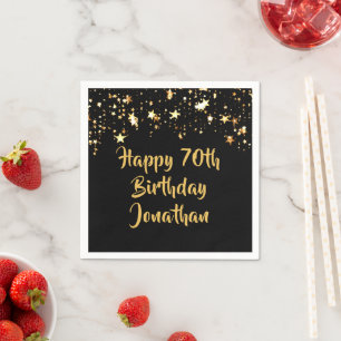 70th Birthday Modern Black Gold Stars Name Napkin